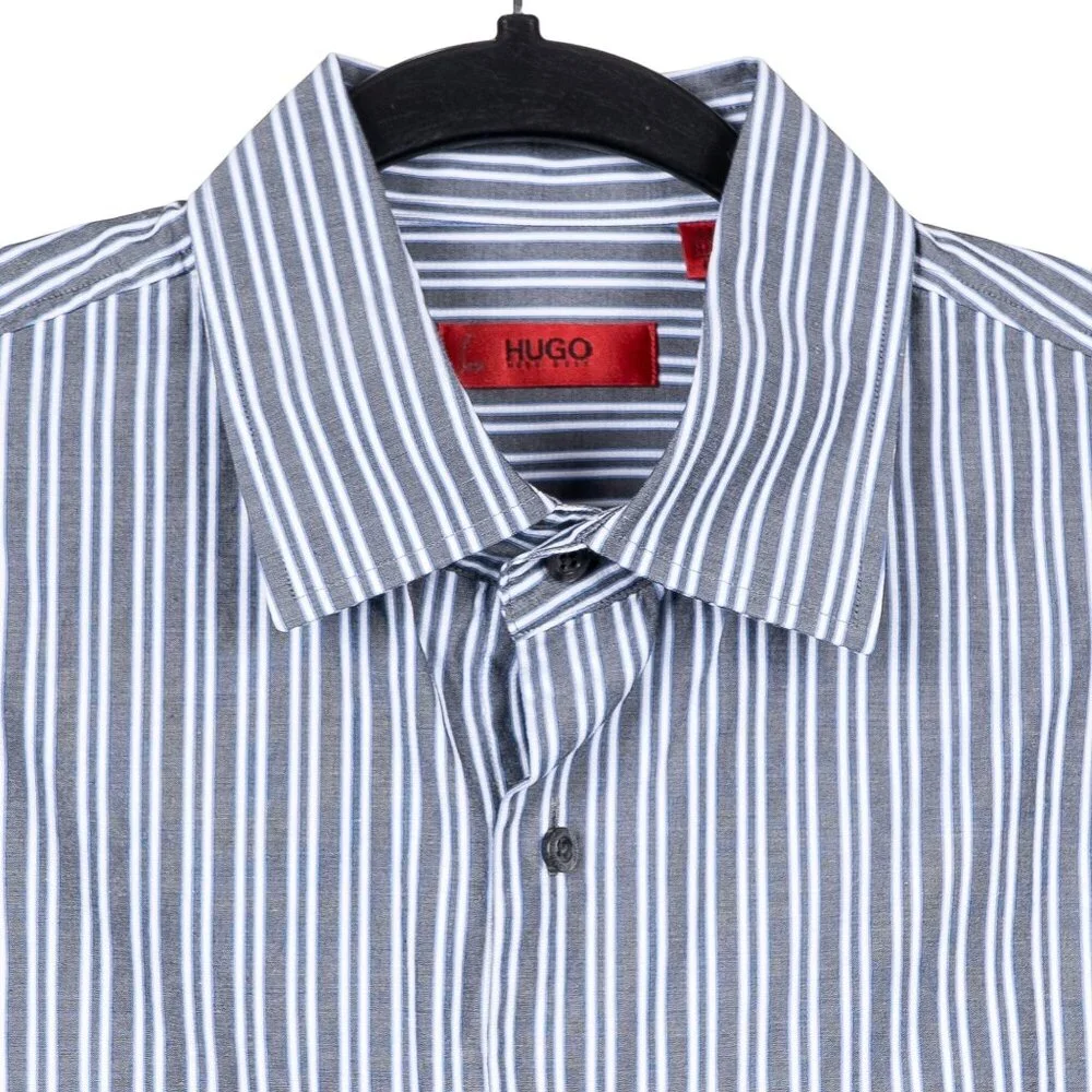 Hugo Boss Dress Shirt M Mens Vertical Stripe Gray Blue White EllisX Regular Fit - Picture 4 of 6